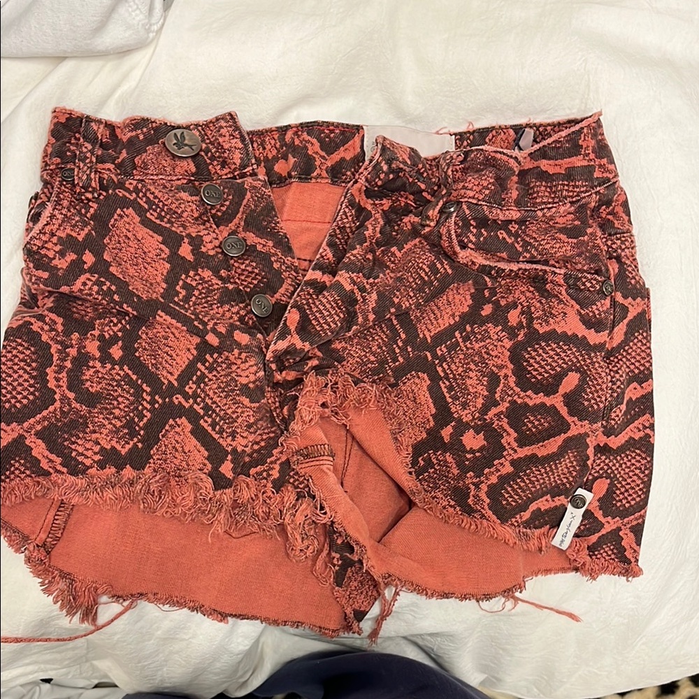 One Teaspoon Red and Black Jean Shorts with Paisley Print